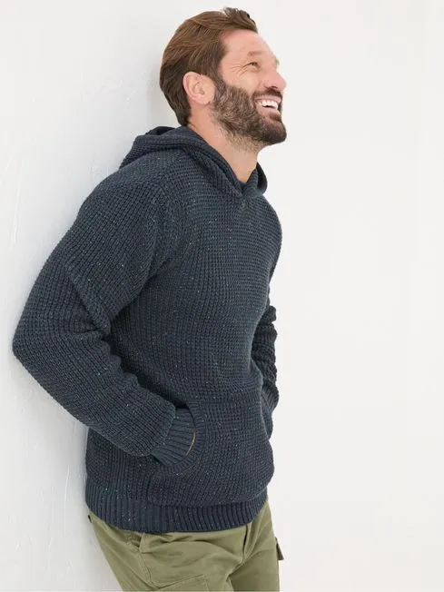 Men Fatface Sweatshirts and Hoodies Navy Waffle Knitted Hoodie