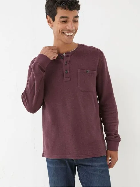 Men Fatface TShirts Burgundy Red Southbourne Long Sleeve Henley TShirt