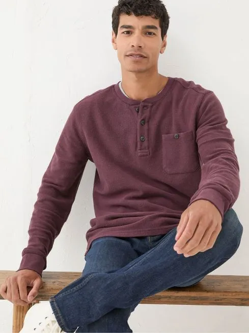 Men Fatface TShirts Burgundy Red Southbourne Long Sleeve Henley TShirt