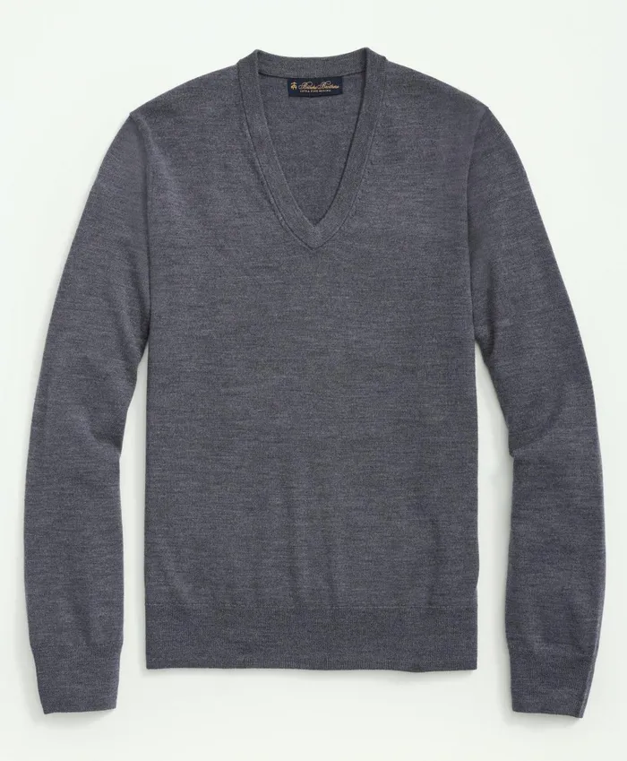 Men Fine Merino Wool VNeck Sweater Grey Heather Brooks Brothers Sweaters