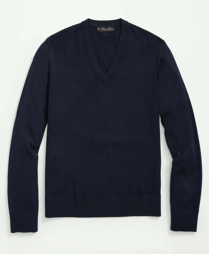 Men Fine Merino Wool VNeck Sweater Navy Brooks Brothers Sweaters