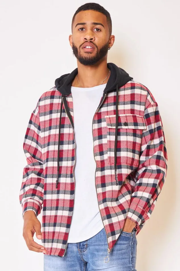 Men Jacket With Jersey Hood In Red Check Red Brentiny Paris Shirts