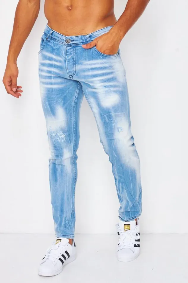 Men Jean With Rips In Washed Blue Blue Brentiny Paris Jeans