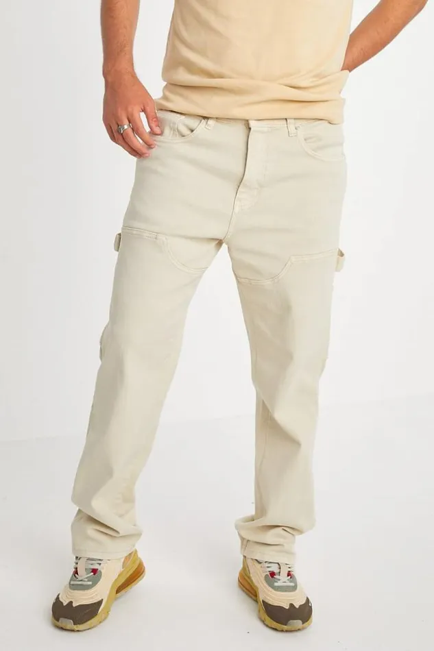 Men Jeans Coupe Droite Beige Empicements Beige Brentiny Paris Jeans