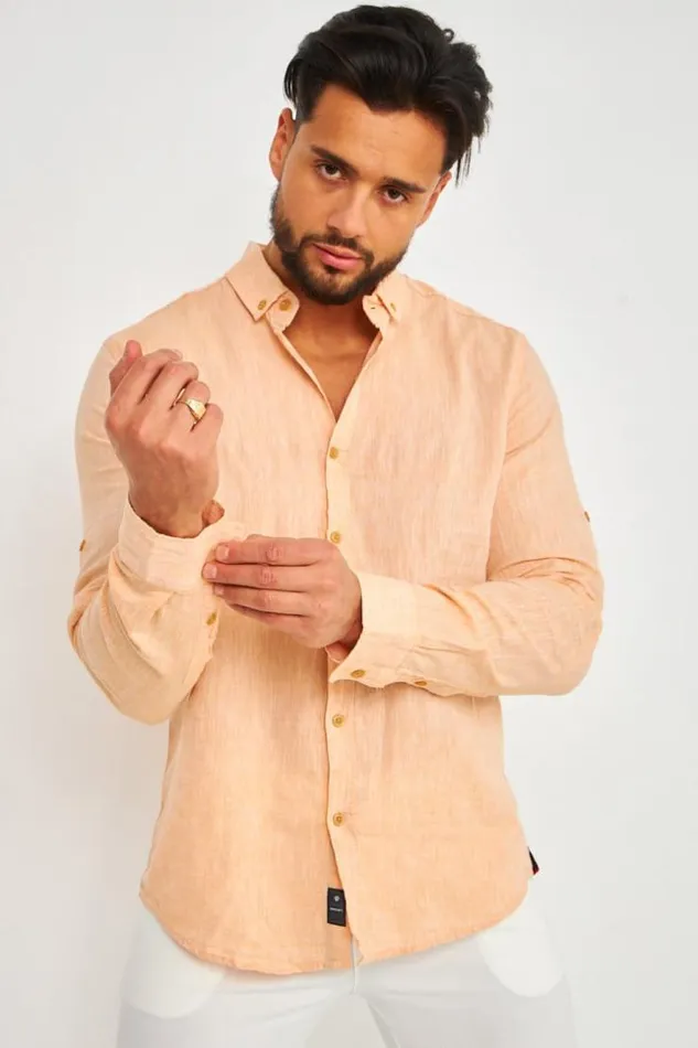 Men Long Sleeve Linen Shirt In Orange Brentiny Paris Shirts