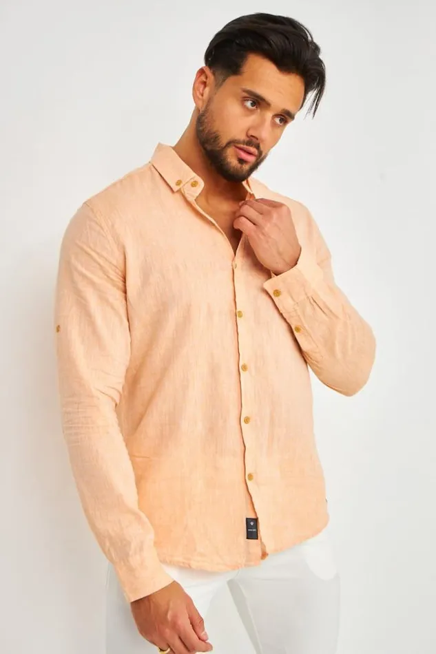 Men Long Sleeve Linen Shirt In Orange Brentiny Paris Shirts