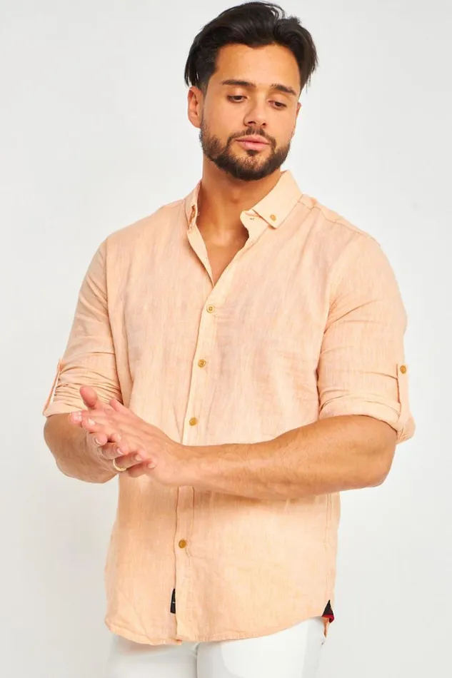 Men Long Sleeve Linen Shirt In Orange Brentiny Paris Shirts