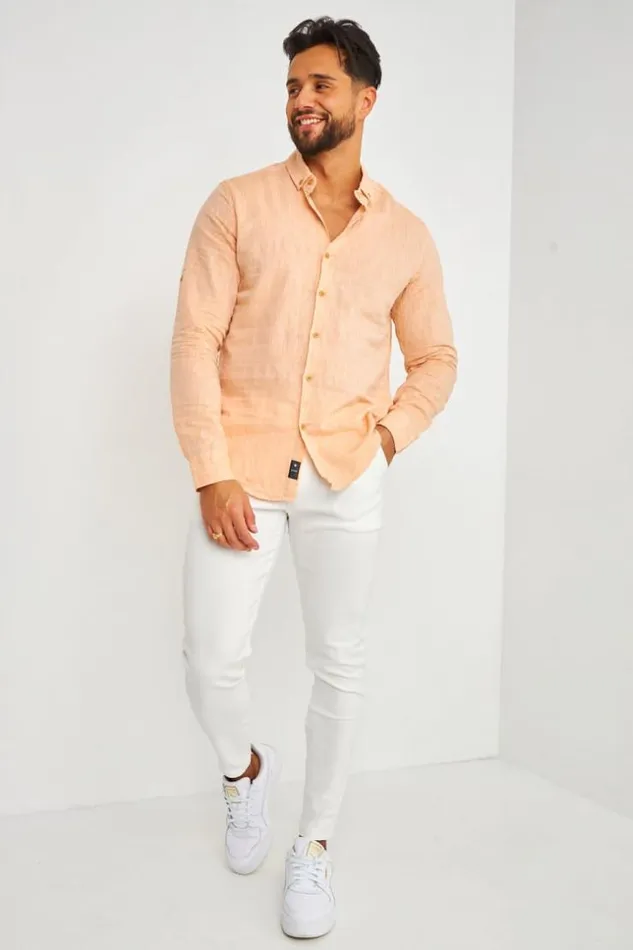 Men Long Sleeve Linen Shirt In Orange Brentiny Paris Shirts