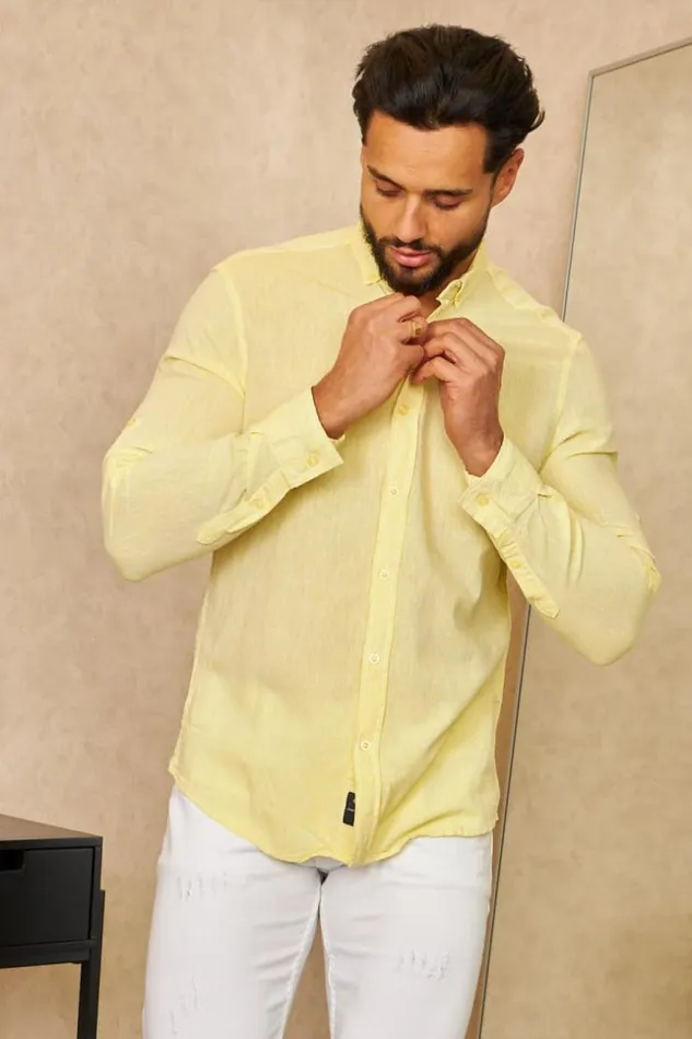 Men LongSleeved Yellow Linen Shirt Yellow Brentiny Paris Shirts Men LongSleeved Yellow Linen Shirt Yellow Brentiny Paris Shirts