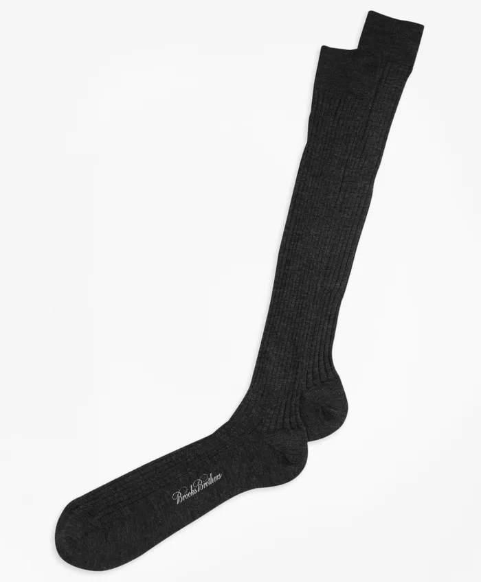 Men Merino Wool Ribbed OverTheCalf Socks Black Brooks Brothers Sock