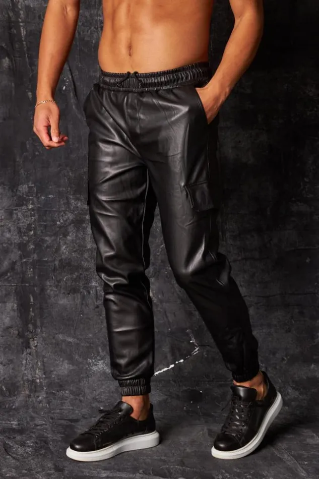 Men Pantalon De Jogging En Simili Cuir Noir Black Brentiny Paris Jogging Bottoms
