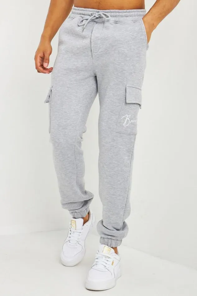 Men Pantalon De Jogging Gris Clair Poches Cargo Inscription Brentiny Grey Brentiny Paris Jogging Bottoms