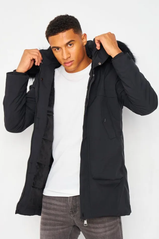 Men Parka Jacket In Black With Faux Fur Trim Hood Black Brentiny Paris Parkas And Down Jackets