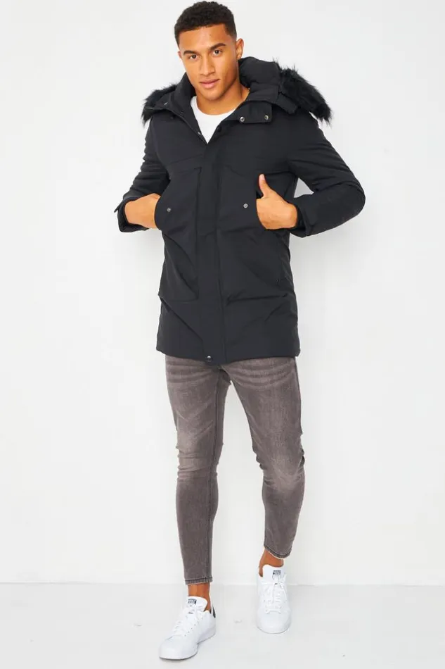 Men Parka Jacket In Black With Faux Fur Trim Hood Black Brentiny Paris Parkas And Down Jackets
