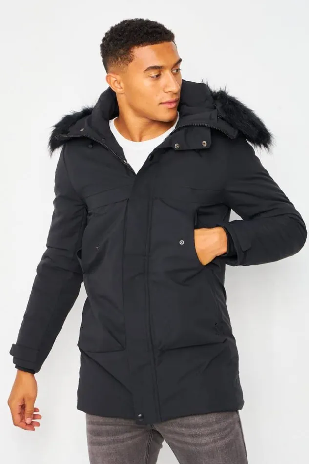 Men Parka Jacket In Black With Faux Fur Trim Hood Black Brentiny Paris Parkas And Down Jackets