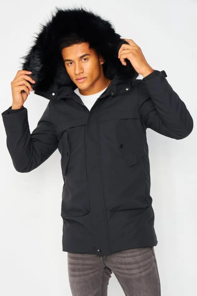Men Parka Jacket In Black With Faux Fur Trim Hood Black Brentiny Paris Parkas And Down Jackets