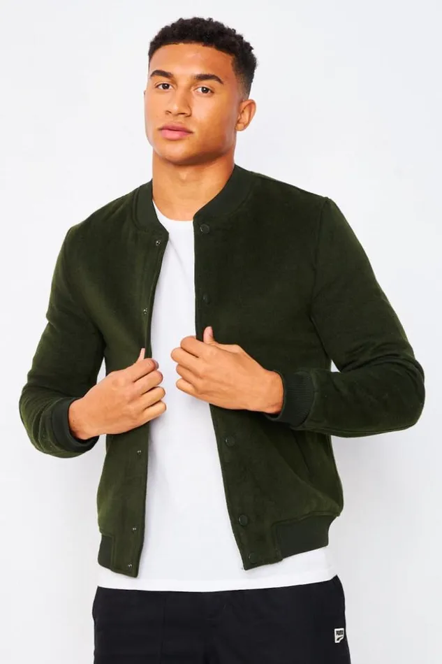 Men Plain Wool Bomber Jacket In Khaki Green Brentiny Paris Jackets