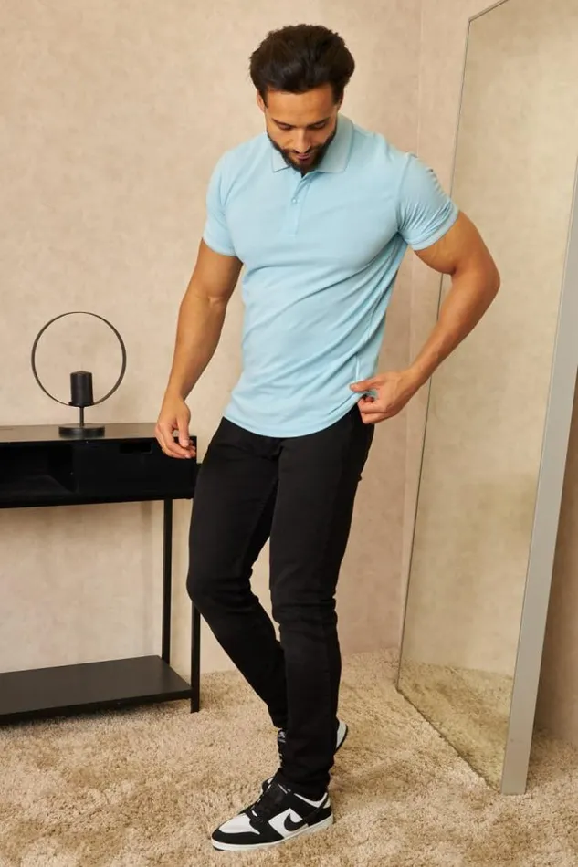 Men Polo Bleu Clair Col Mao Rayures Bleuclair Brentiny Paris Polo Shirts