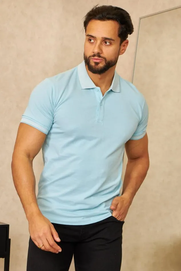 Men Polo Bleu Clair Col Mao Rayures Bleuclair Brentiny Paris Polo Shirts