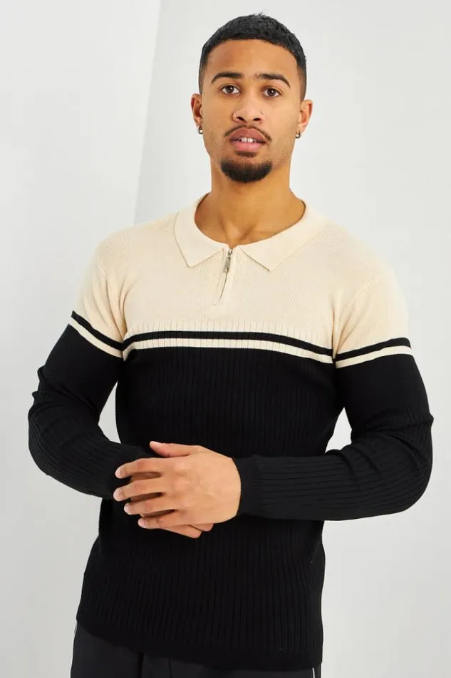 Men Pull Ctel Noir Et Beige Col Zipp Black Brentiny Paris Polo Shirts