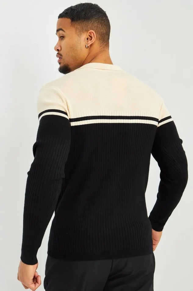 Men Pull Ctel Noir Et Beige Col Zipp Black Brentiny Paris Polo Shirts