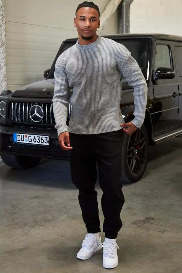 Men Pull Gris En Maille Col Rond Grey Brentiny Paris Sweatshirts and Pullovers