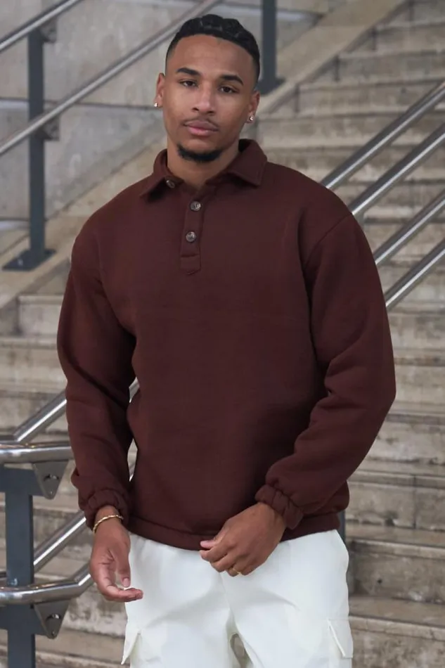 Men Pull Large Marron Col Boutonn Brown Brentiny Paris Sweatshirts and Pullovers
