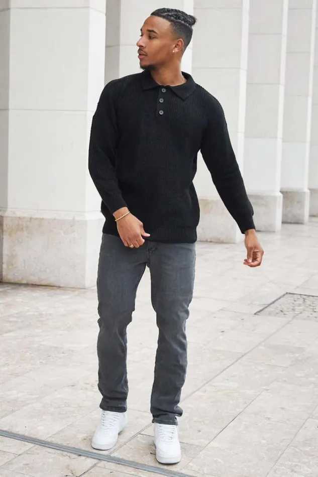 Men Pull Large Noir En Maille Col Boutonn Black Brentiny Paris Sweatshirts and Pullovers