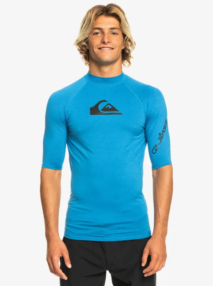 Men Quiksilver Rashguards All Time Short Sleeve UPF 50 Rashguard Snorkel Blue Heather Men Quiksilver Rashguards All Time Short Sleeve UPF 50 Rashguard Snorkel Blue Heather