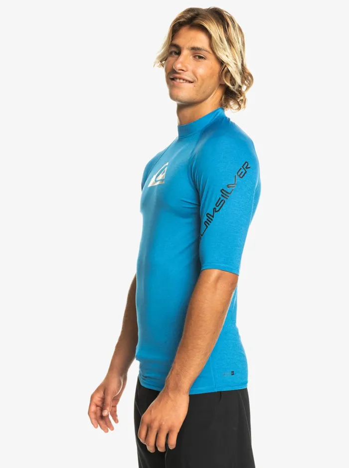 Men Quiksilver Rashguards All Time Short Sleeve UPF 50 Rashguard Snorkel Blue Heather Men Quiksilver Rashguards All Time Short Sleeve UPF 50 Rashguard Snorkel Blue Heather