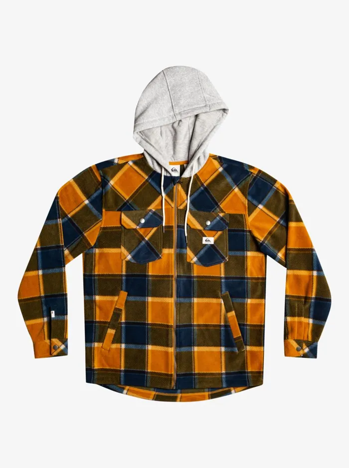 Men Quiksilver Shirts and Polos Super Swell Hooded Fleece ZipUp Jacket Buck Brown Flannel Plaid