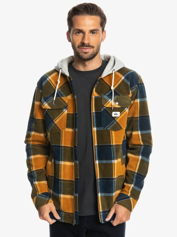 Men Quiksilver Shirts and Polos Super Swell Hooded Fleece ZipUp Jacket Buck Brown Flannel Plaid