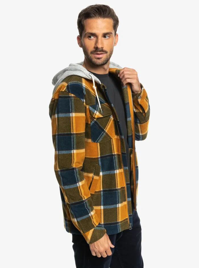 Men Quiksilver Shirts and Polos Super Swell Hooded Fleece ZipUp Jacket Buck Brown Flannel Plaid