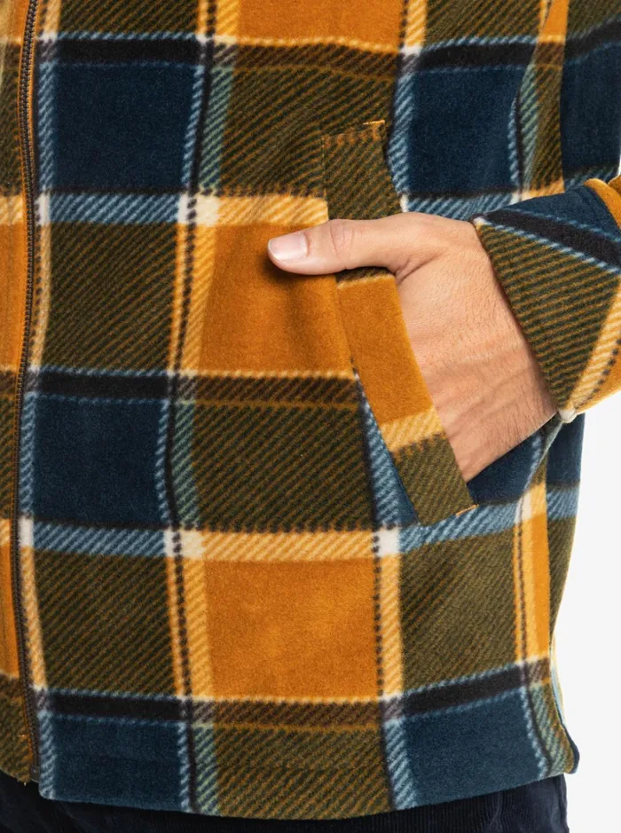 Men Quiksilver Shirts and Polos Super Swell Hooded Fleece ZipUp Jacket Buck Brown Flannel Plaid