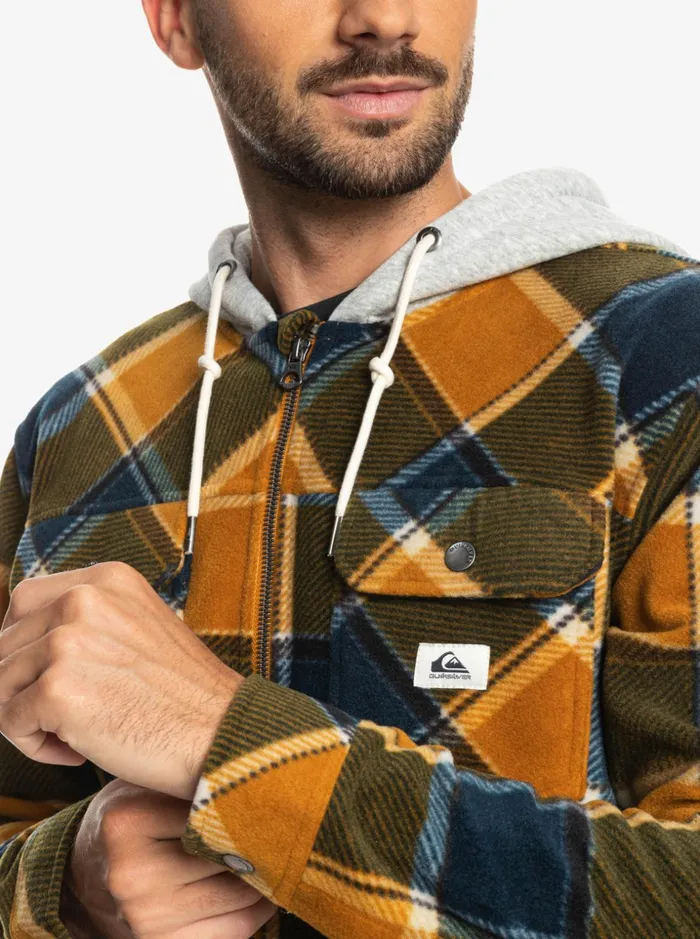Men Quiksilver Shirts and Polos Super Swell Hooded Fleece ZipUp Jacket Buck Brown Flannel Plaid