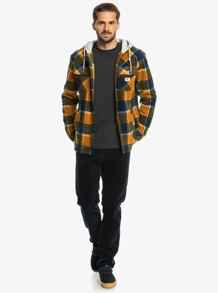 Men Quiksilver Shirts and Polos Super Swell Hooded Fleece ZipUp Jacket Buck Brown Flannel Plaid