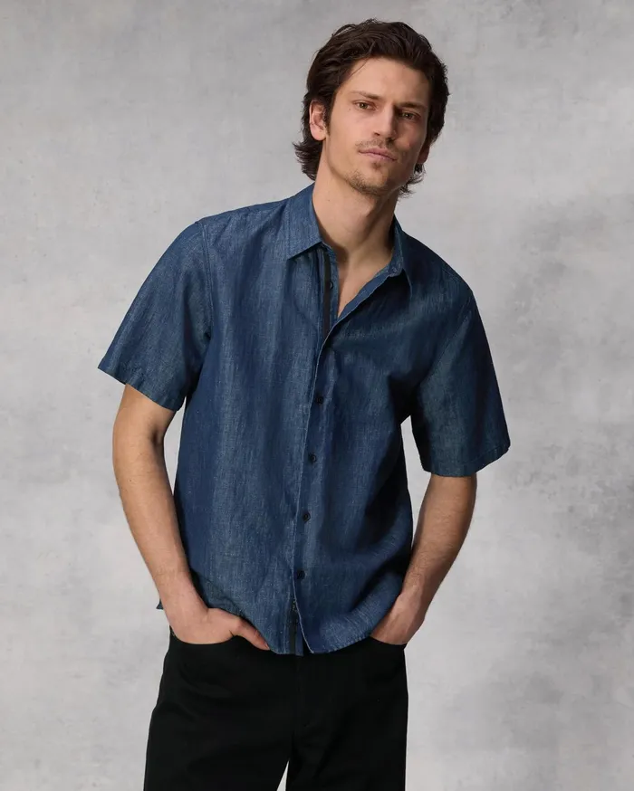 Men Rag and Bone Shirts Dalton Linen Denim Shirt Dark Indigo