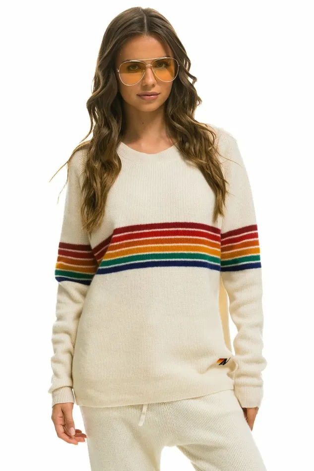 Men RAINBOW STRIPE 6 UNISEX CASHMERE SWEATER VINTAGE WHITE Aviator Nation CrewSweatshirts