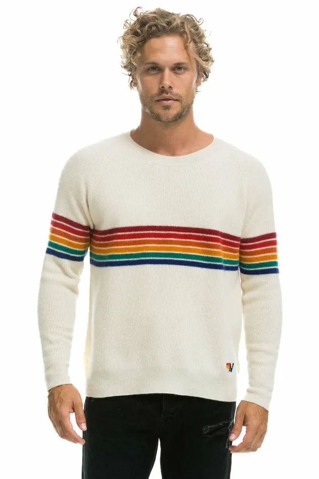 Men RAINBOW STRIPE 6 UNISEX CASHMERE SWEATER VINTAGE WHITE Aviator Nation CrewSweatshirts Men RAINBOW STRIPE 6 UNISEX CASHMERE SWEATER VINTAGE WHITE Aviator Nation CrewSweatshirts
