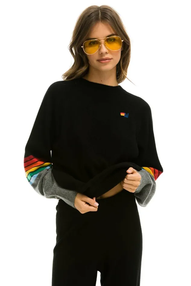 Men RAINBOW STRIPE SLEEVE UNISEX CASHMERE LIGHT SWEATER 8211 BLACK CHARCOAL Aviator Nation CrewSweatshirts