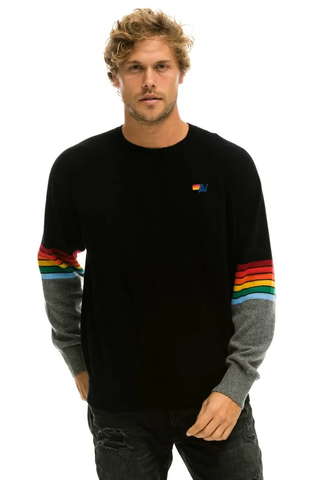 Men RAINBOW STRIPE SLEEVE UNISEX CASHMERE LIGHT SWEATER 8211 BLACK CHARCOAL Aviator Nation CrewSweatshirts