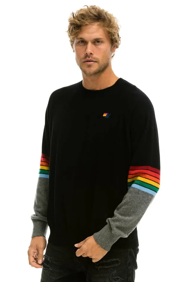 Men RAINBOW STRIPE SLEEVE UNISEX CASHMERE LIGHT SWEATER 8211 BLACK CHARCOAL Aviator Nation CrewSweatshirts