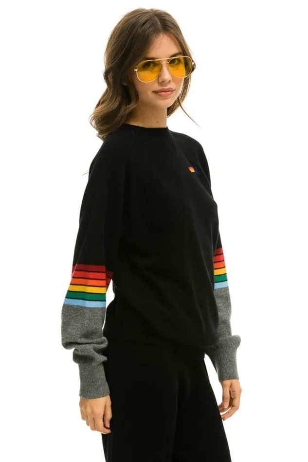 Men RAINBOW STRIPE SLEEVE UNISEX CASHMERE LIGHT SWEATER 8211 BLACK CHARCOAL Aviator Nation CrewSweatshirts
