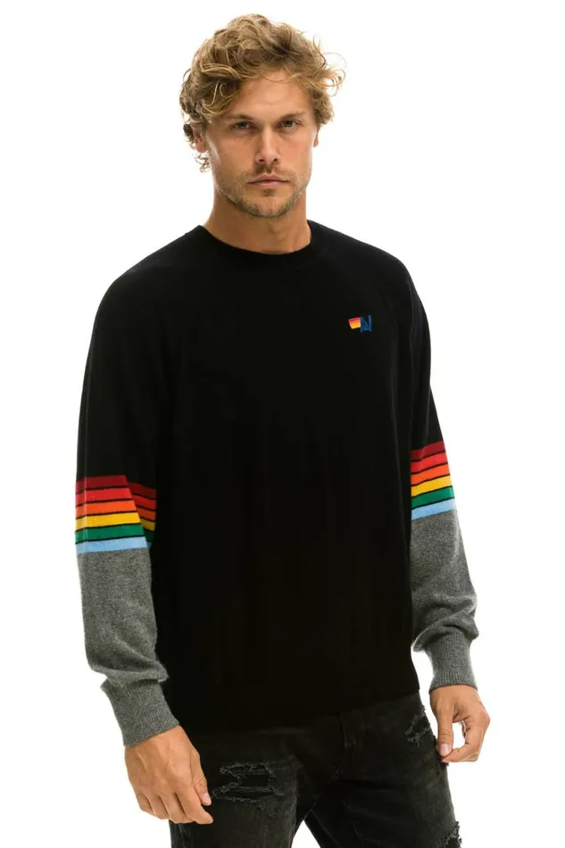Men RAINBOW STRIPE SLEEVE UNISEX CASHMERE LIGHT SWEATER 8211 BLACK CHARCOAL Aviator Nation CrewSweatshirts