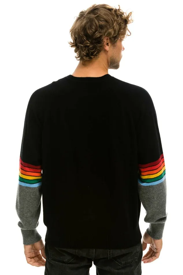 Men RAINBOW STRIPE SLEEVE UNISEX CASHMERE LIGHT SWEATER 8211 BLACK CHARCOAL Aviator Nation CrewSweatshirts