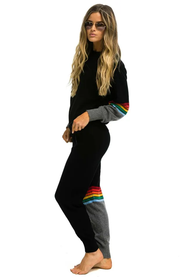 Men RAINBOW STRIPE SLEEVE UNISEX CASHMERE LIGHT SWEATER 8211 BLACK CHARCOAL Aviator Nation CrewSweatshirts