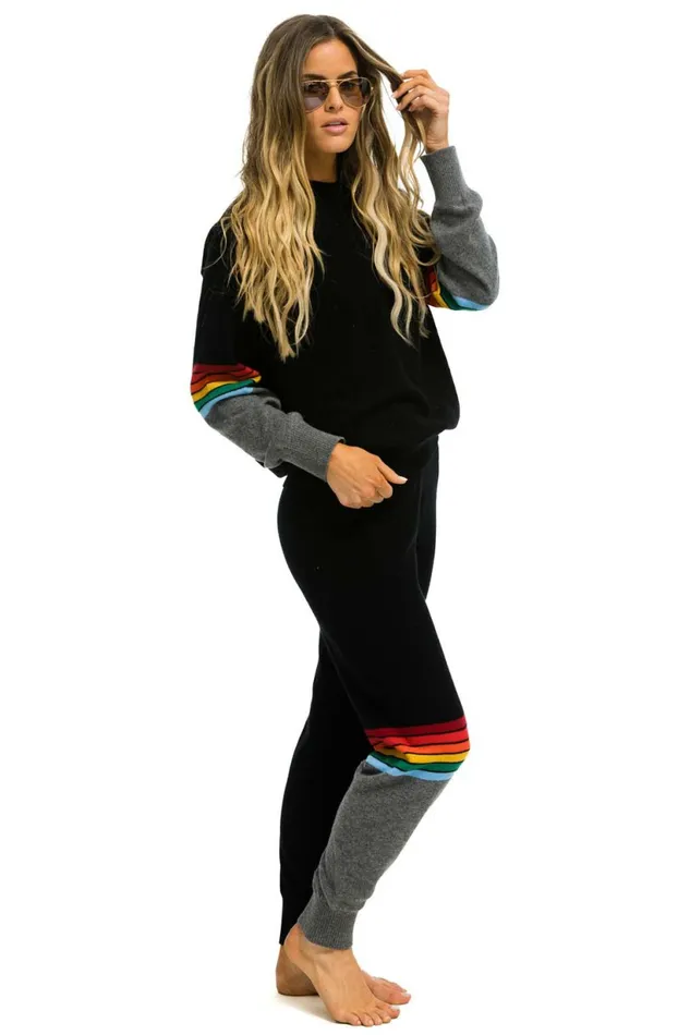 Men RAINBOW STRIPE SLEEVE UNISEX CASHMERE LIGHT SWEATER 8211 BLACK CHARCOAL Aviator Nation CrewSweatshirts