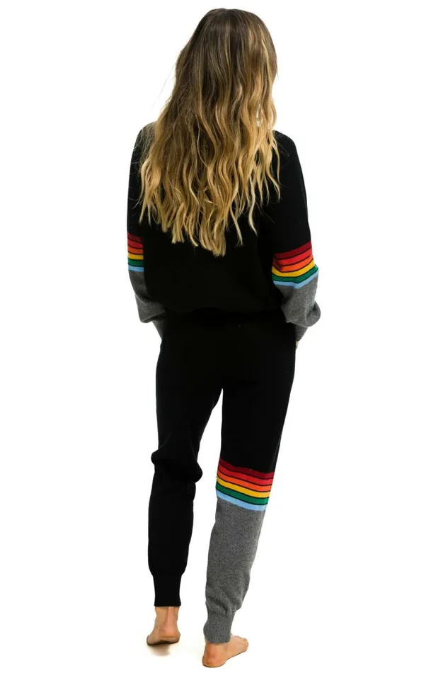 Men RAINBOW STRIPE SLEEVE UNISEX CASHMERE LIGHT SWEATER 8211 BLACK CHARCOAL Aviator Nation CrewSweatshirts