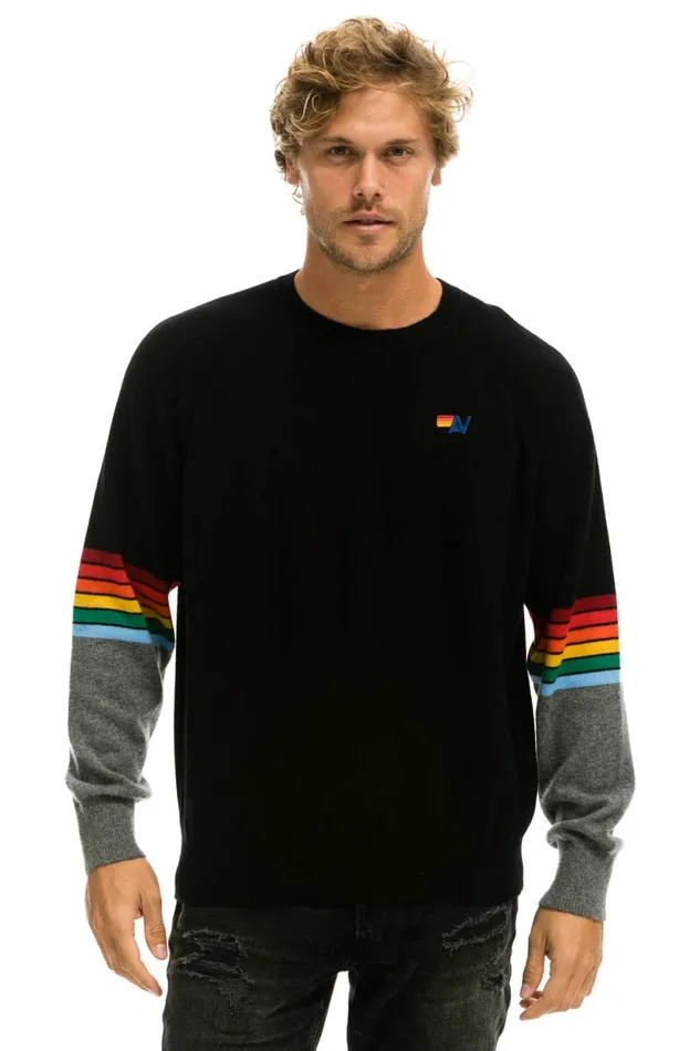 Men RAINBOW STRIPE SLEEVE UNISEX CASHMERE LIGHT SWEATER 8211 BLACK CHARCOAL Aviator Nation CrewSweatshirts