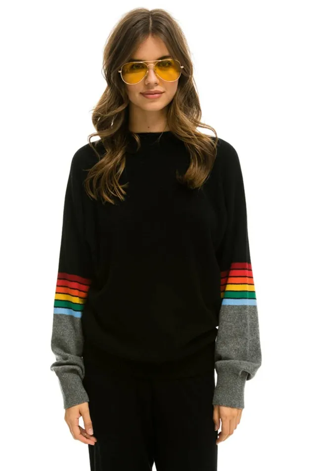 Men RAINBOW STRIPE SLEEVE UNISEX CASHMERE LIGHT SWEATER 8211 BLACK CHARCOAL Aviator Nation CrewSweatshirts